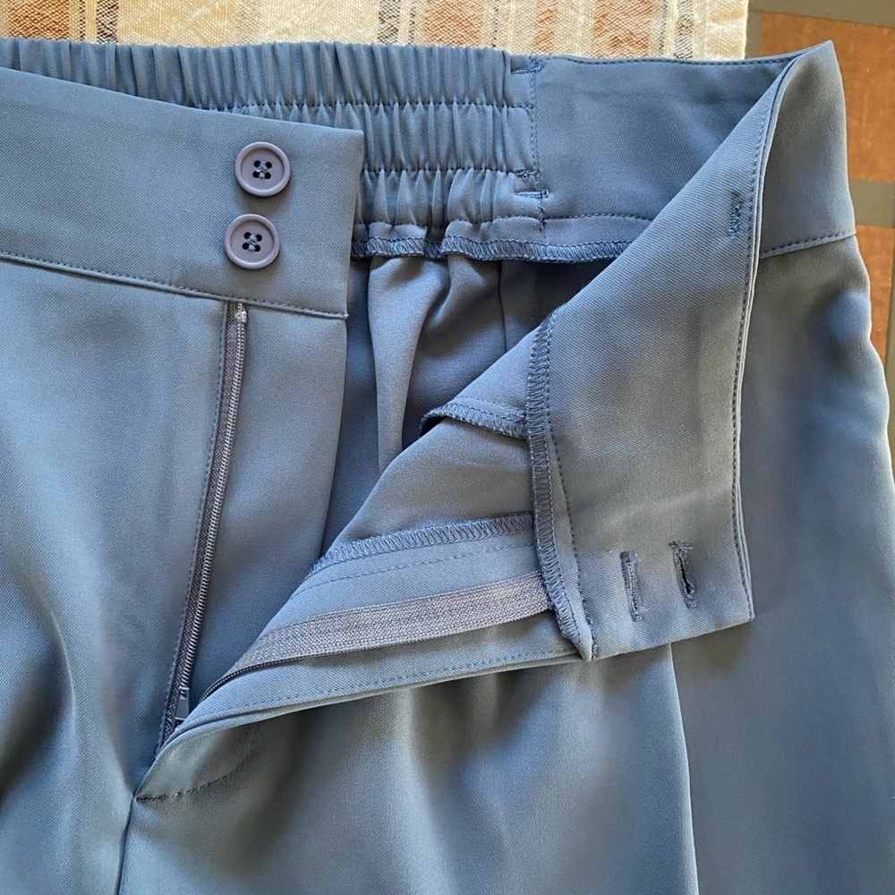 Halara Blue High Waisted Button Shirred Straight Leg Work Trouser Pants Large - Picture 12 of 15